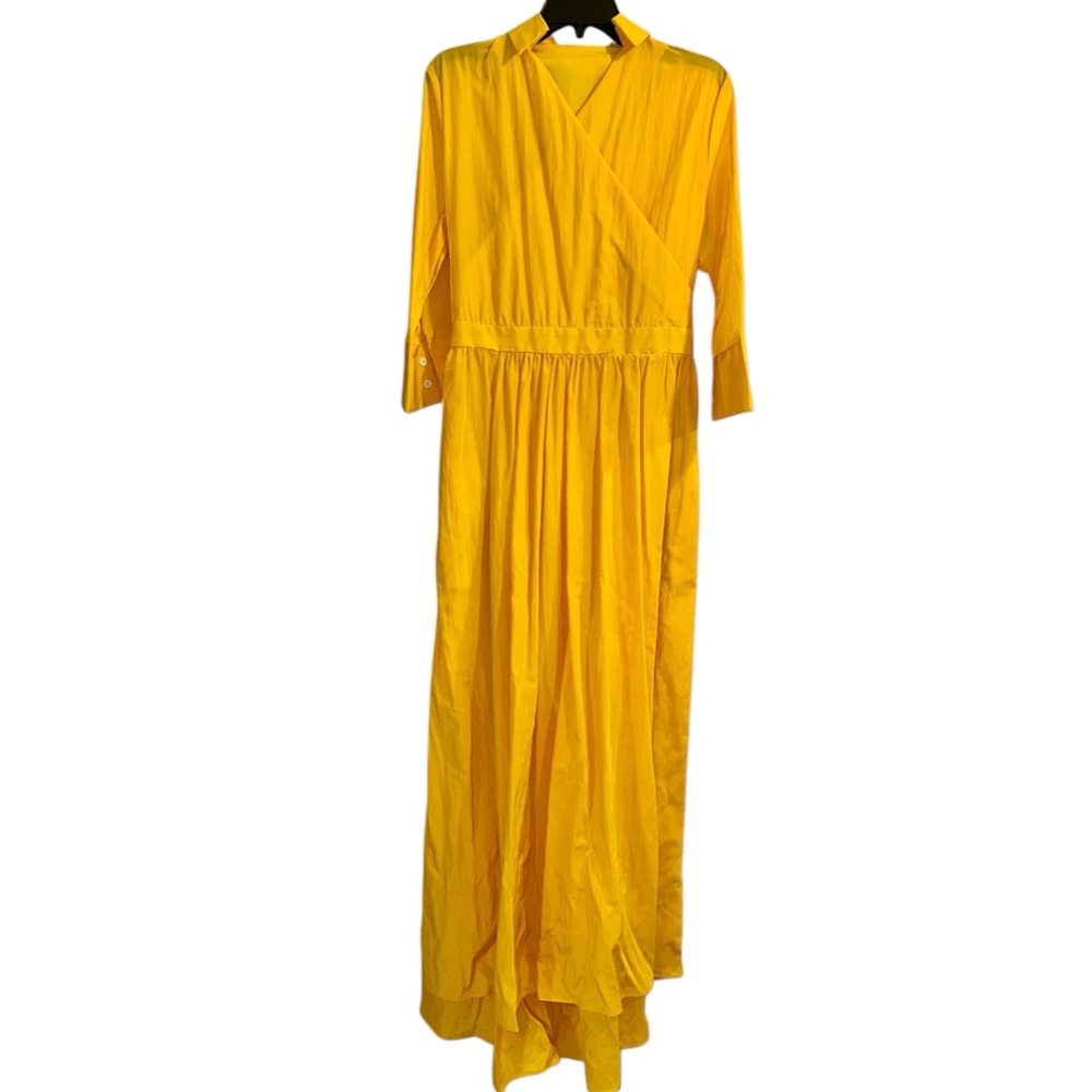 MISSLOOK Yellow Sundress with 3/4 Cuffed Sleeves and V-neck for Resort Wear